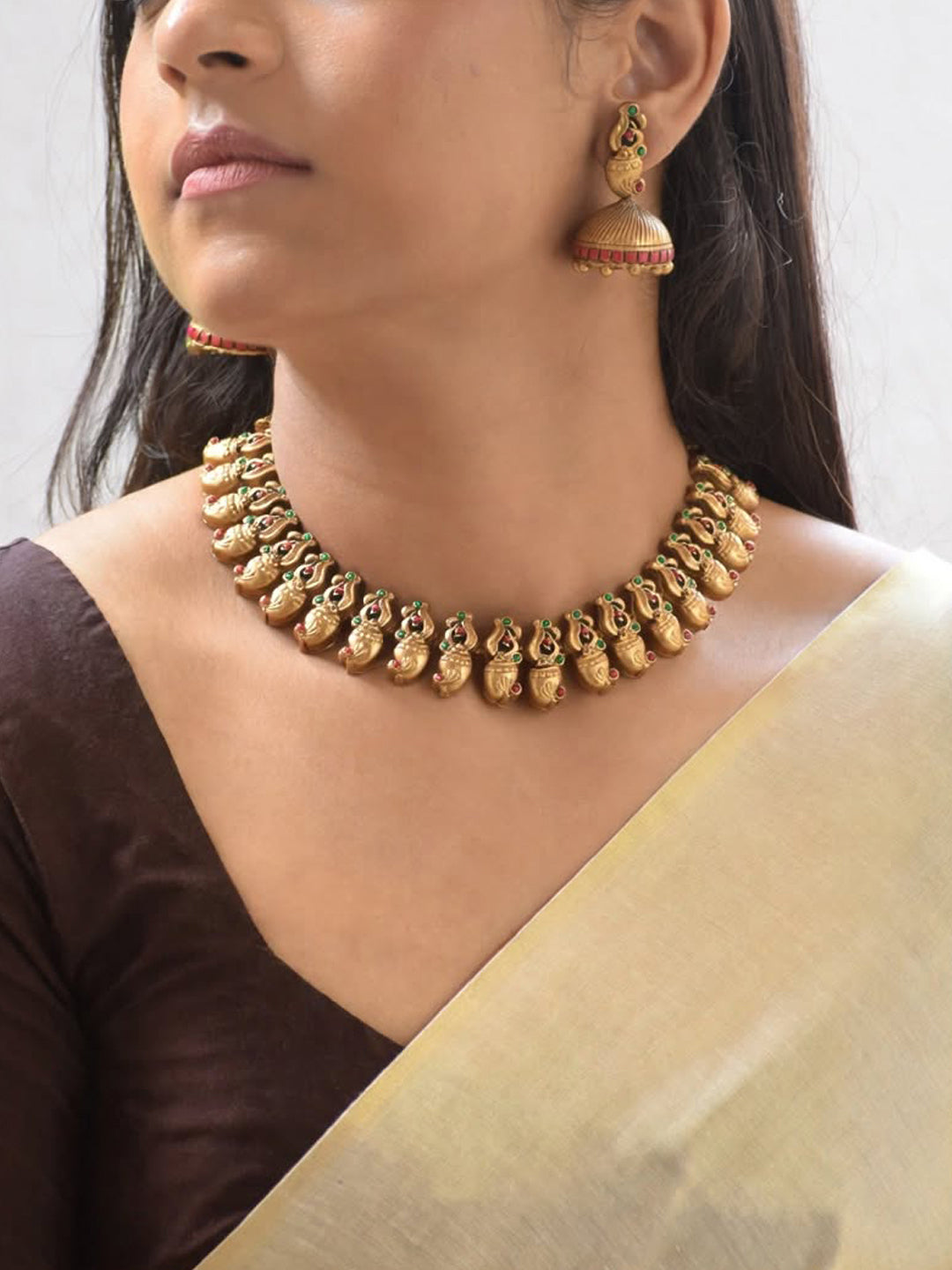 Terracotta Peacock Motif Necklace with Antique Gold Finish & Matching Stud Earrings