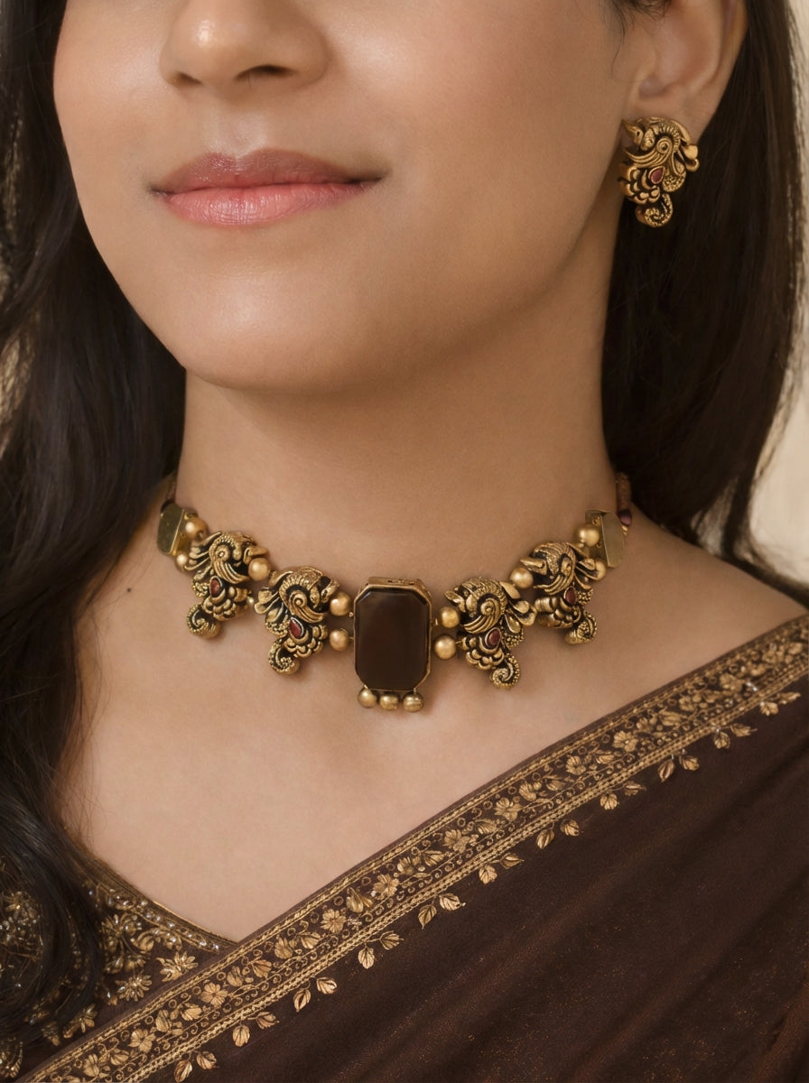 Coco Amala — Minimalistic Antique Gold Choco Brown Peacock Design Handmade Terracotta Victorian Choker Necklace Set