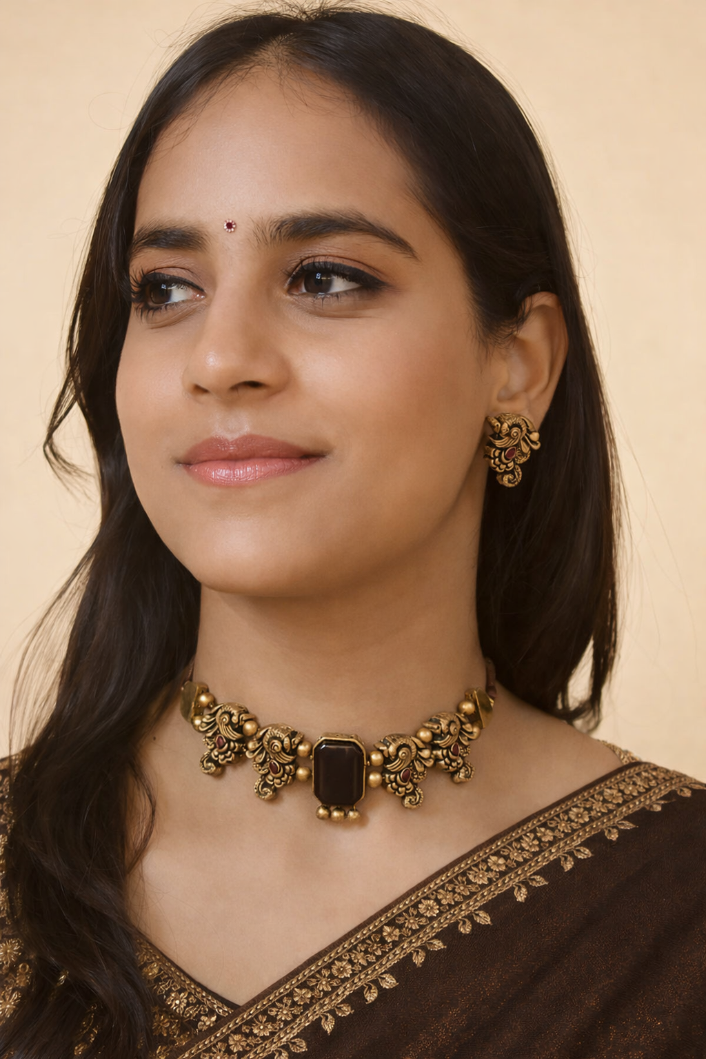 Coco Amala — Minimalistic Antique Gold Choco Brown Peacock Design Handmade Terracotta Victorian Choker Necklace Set