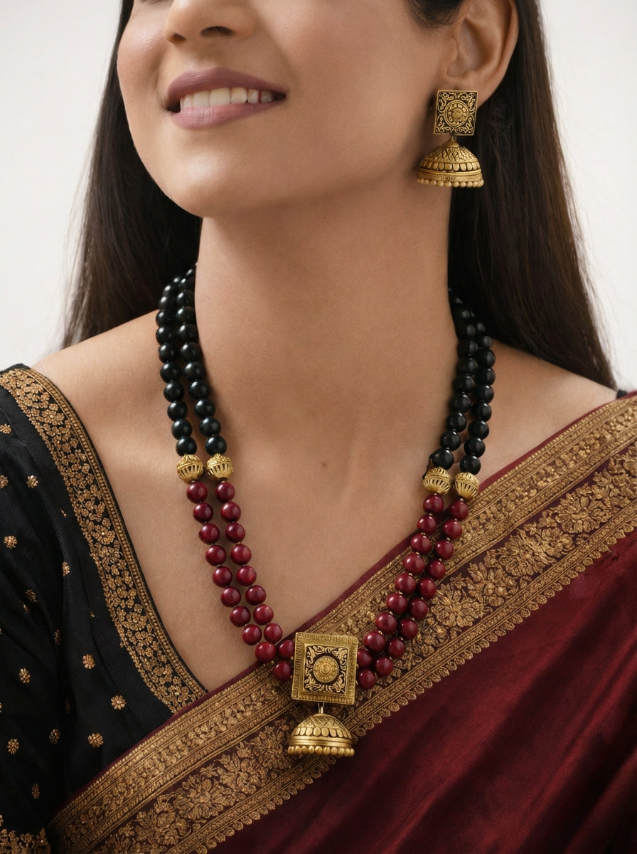 Noir Viraasat 🖤 — The Royal Terracotta Dual Strand Necklace with Jhumka Set