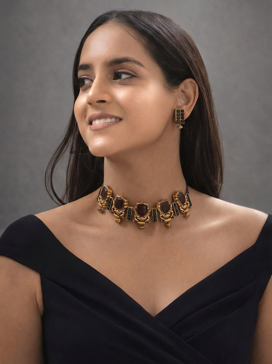 Cocoa Crest 🍫 — Traditional Gold Chocolate Brown and Block Royal Choker Set