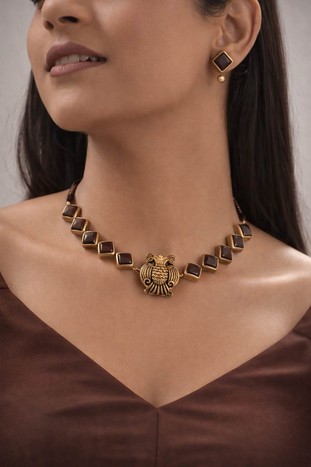 CocoaAura 🤎 — Chocolate Brown Square Motifs With Antique Gold Finish Terracotta Necklace Set
