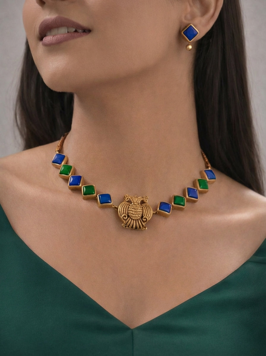 Emerald Azure Alterna 💙 — Gandaberunda Alternating Blue & Green Statement Necklace Set