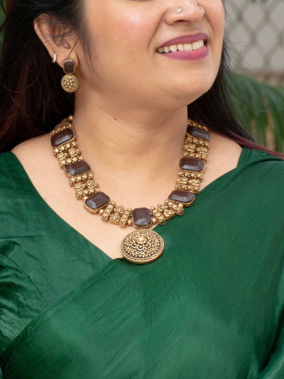 Roshni - radiance, light Antique Brown Stone Design Handmade Terracotta Statement Necklace Set