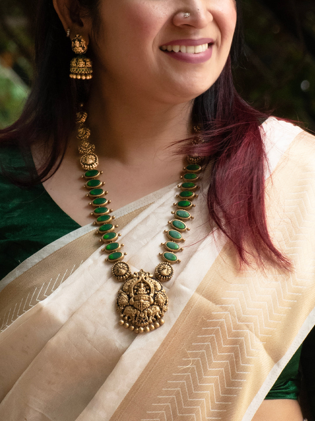 Rashmi - ray of light Lakshmi Temple Pendant Handmade Terracotta Long Necklace Set