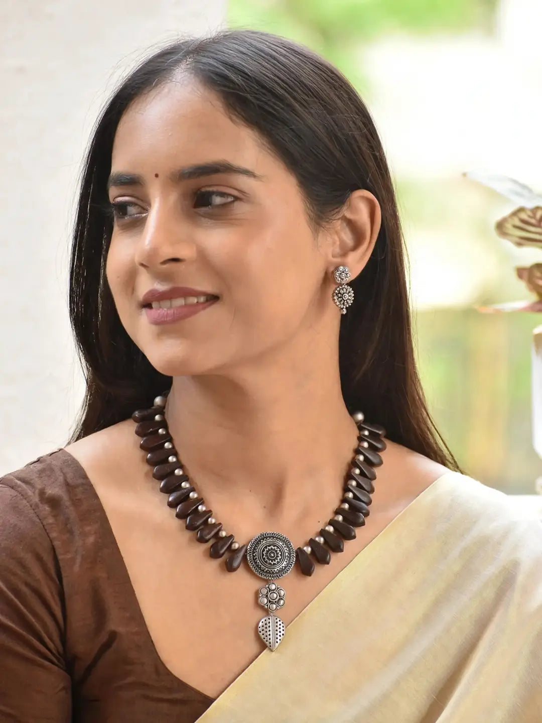 Tejal - lustrous Brown & Silver Fusion Handmade Terracotta Statement Necklace Set