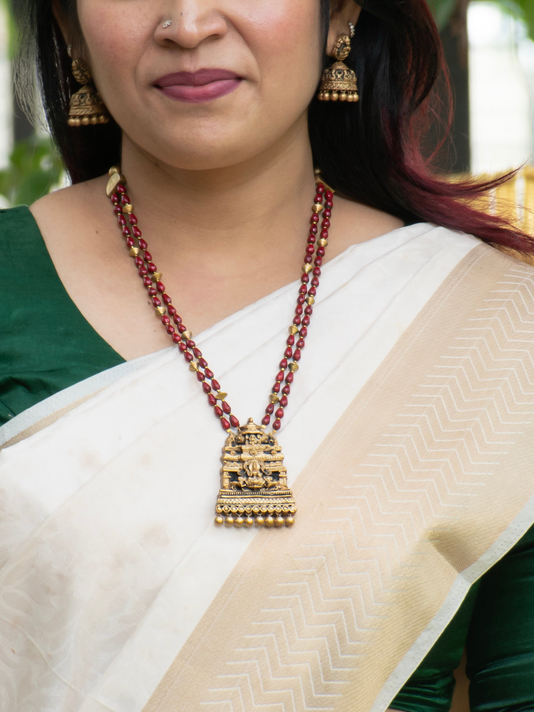 Terracotta Ruby Red & Emerald Green Floral Lakshmi Long Necklace Set