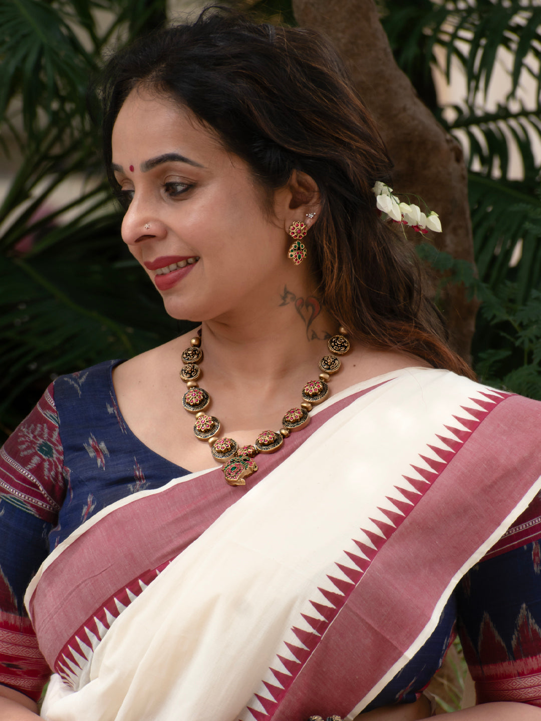 Kumudini - water-lily Floral Peacock Handmade Terracotta Pendant Necklace Set