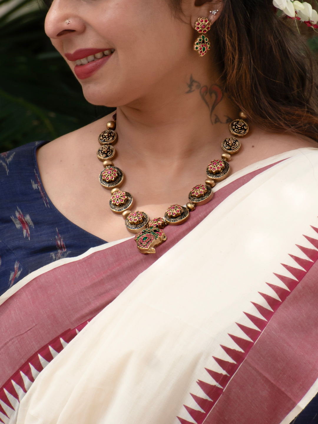Kumudini - water-lily Floral Peacock Handmade Terracotta Pendant Necklace Set