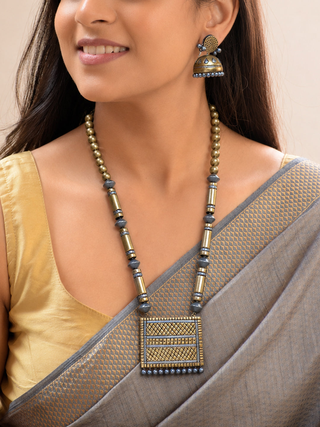 Gold Colour Square Shape Pendant Terracotta Necklace Set