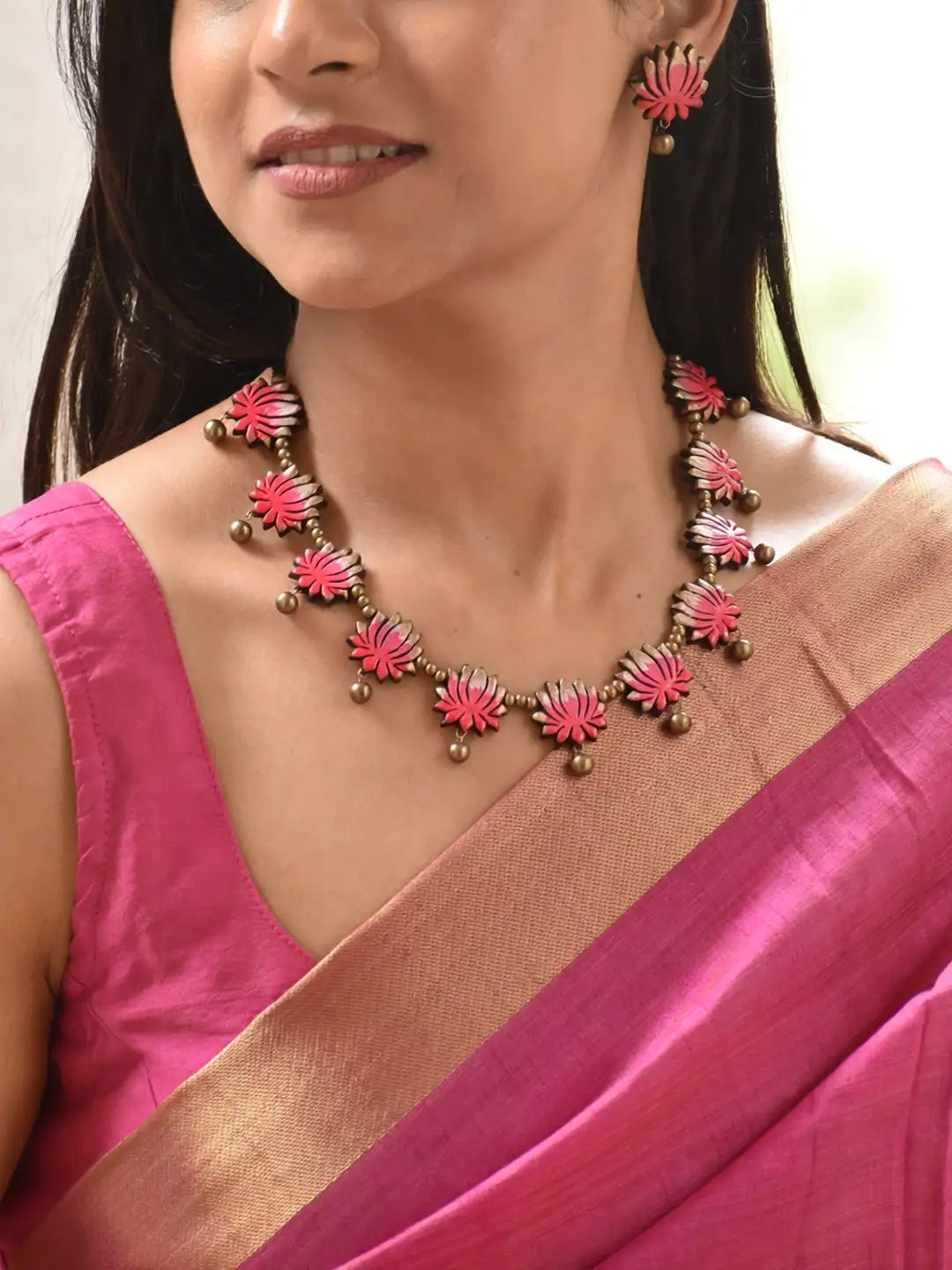 Lotus Design Hand Painted Terracotta Jewellery Set