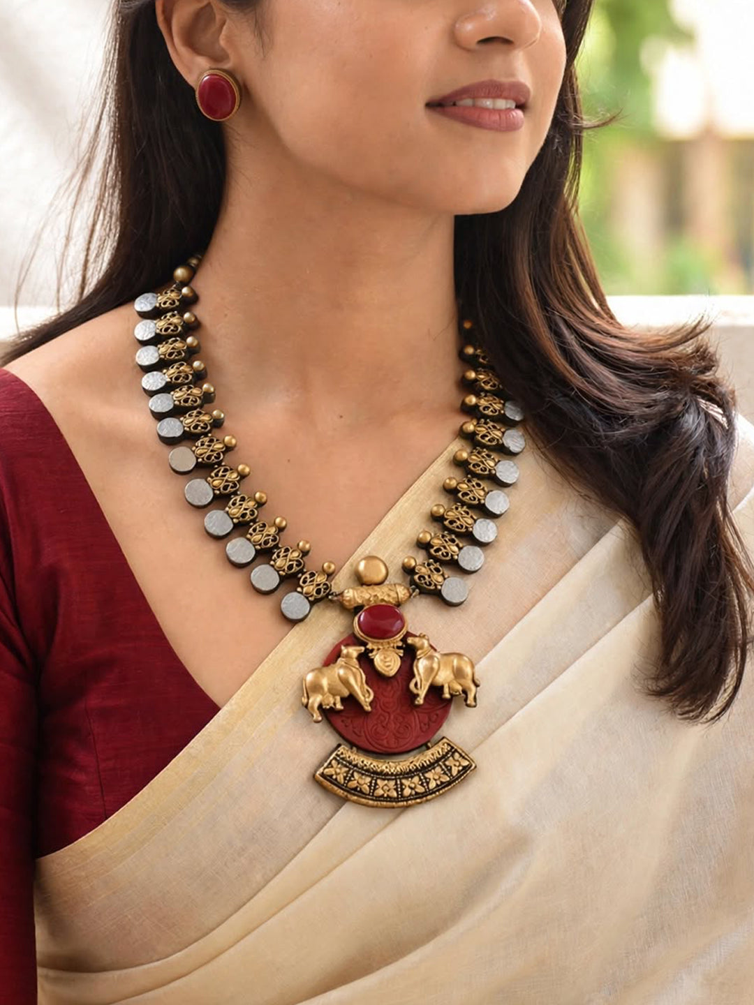 Kamadhenu 🐮 – Silver & Red Twin Cow Statement Pendant Necklace Set