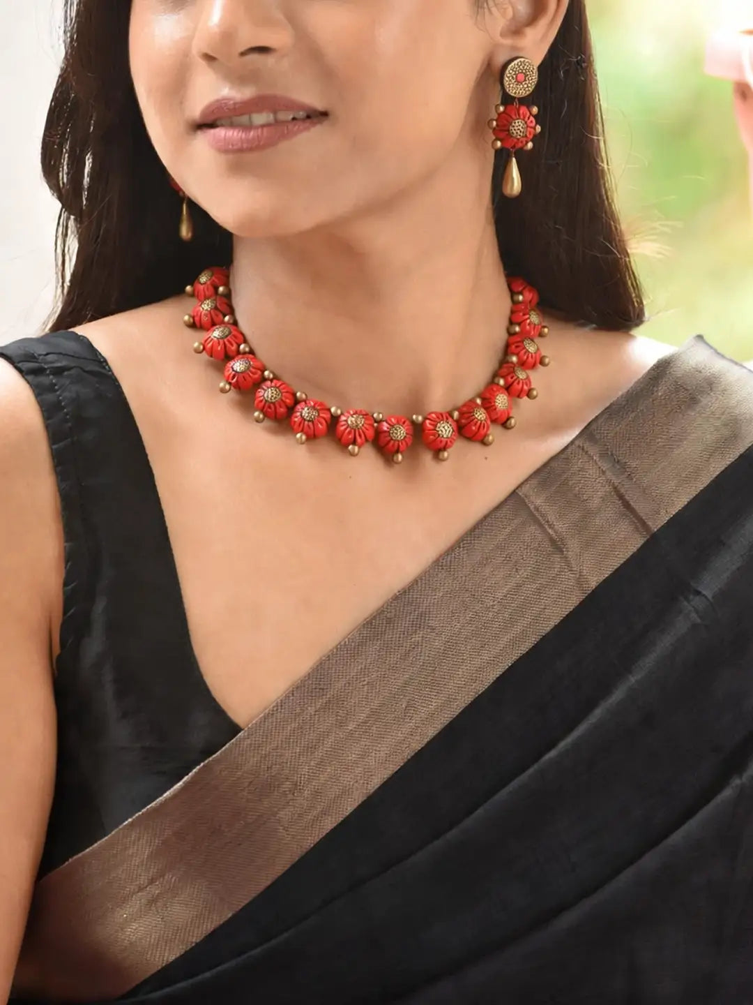 Flower Design Hand Painted Terracotta Jewellery Set