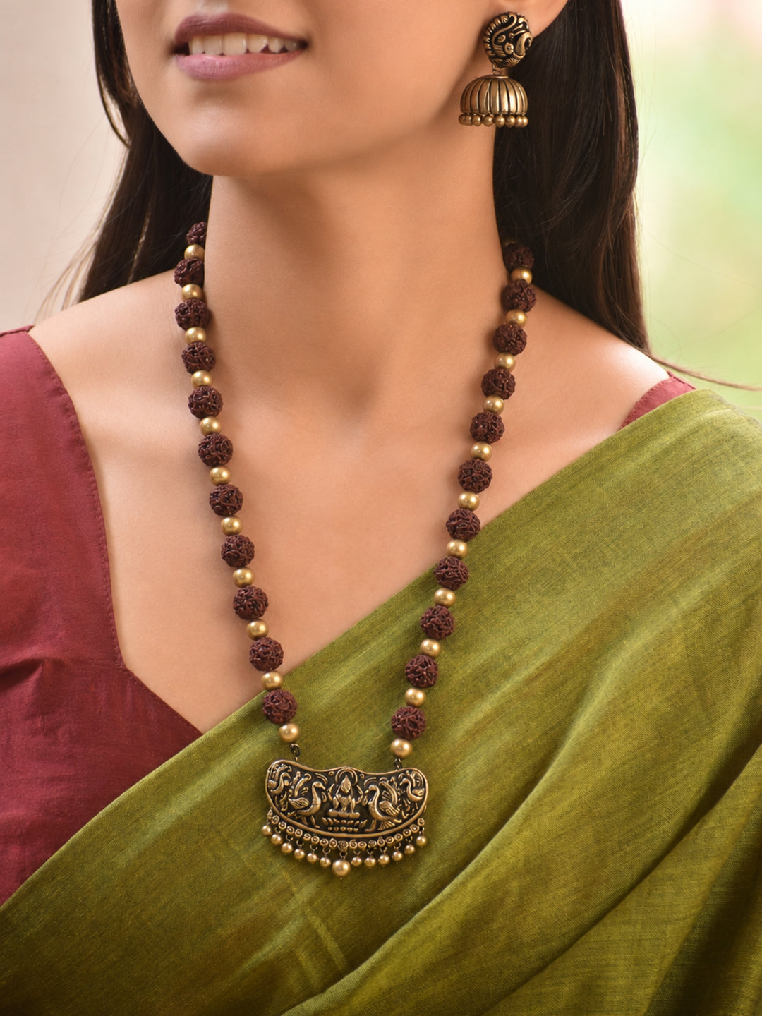 Rajyam Lakshmi — Designer Handmade Terracotta Maroon And Antique Gold Color Lakshmi Design Long Rudraskha Necklace Set