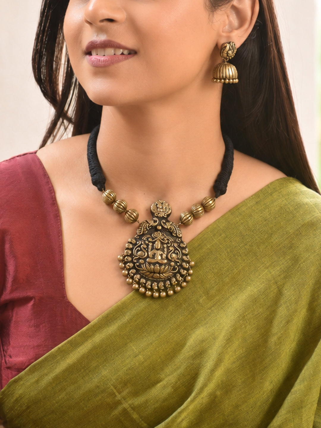 Shreesutra — Designer Handmade Gold Plated Lakshmi Design Pendant Choker Handmade Terracotta Necklace Set