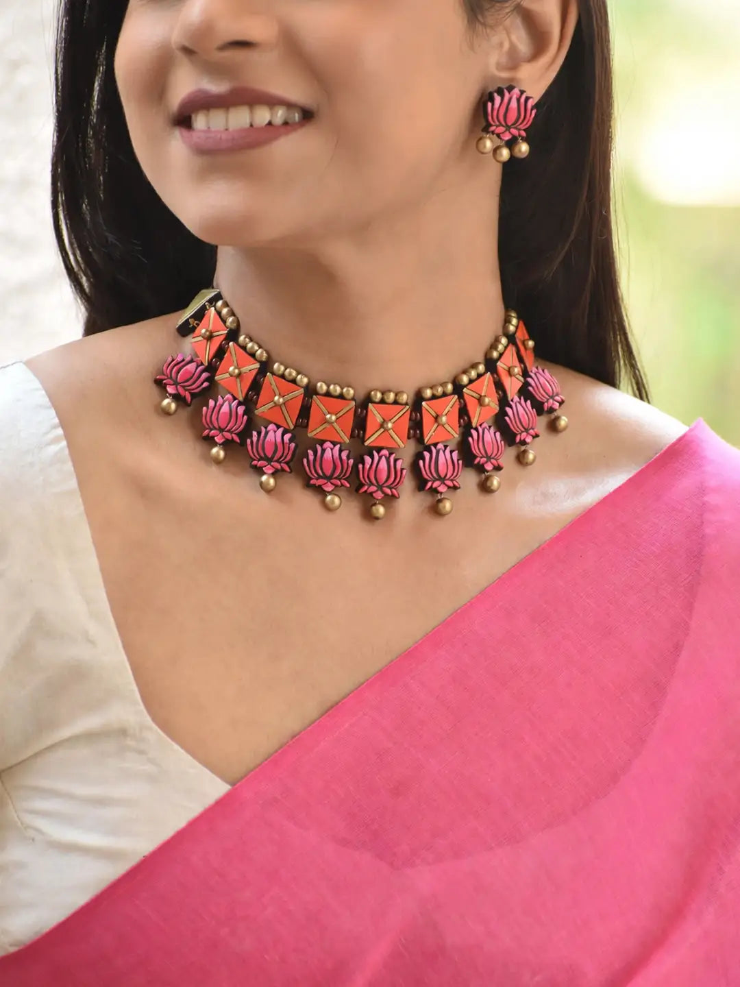 Lotus Design Hand Painted Terracotta Jewelry Set