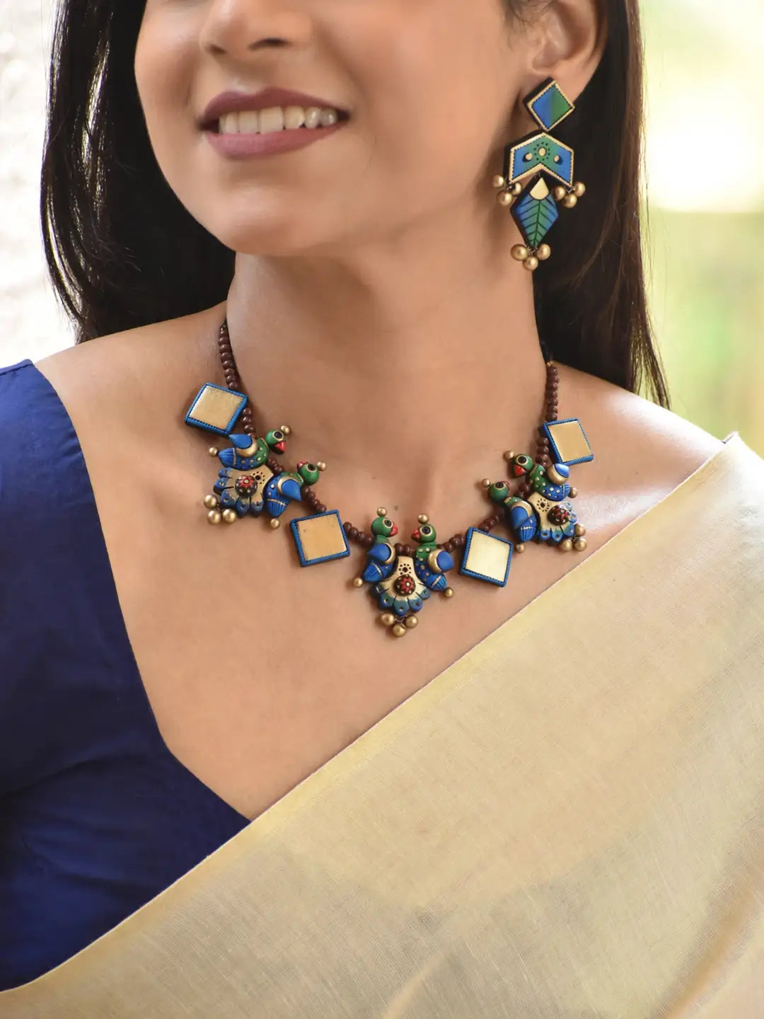Bird Design Hand Painted Terracotta Jewelry Set