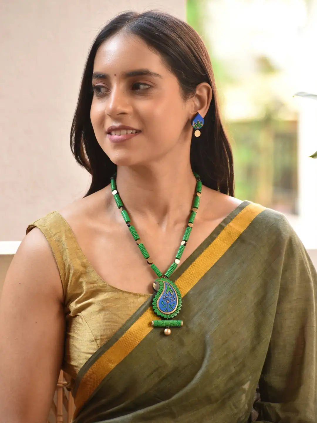 Leaf Design Hand Painted Terracotta Jewelry Set
