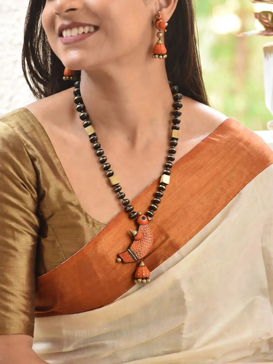 Bird Design Hand Painted Terracotta Jewelry Set