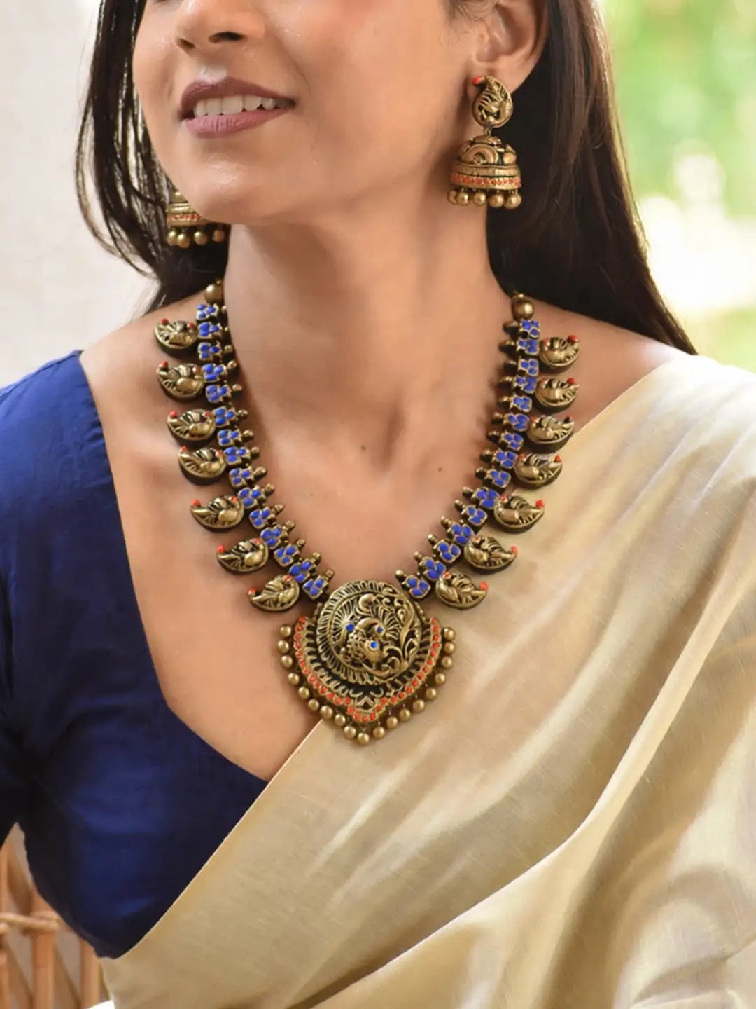 Peacock Design Hand Painted Terracotta Jewelry Set