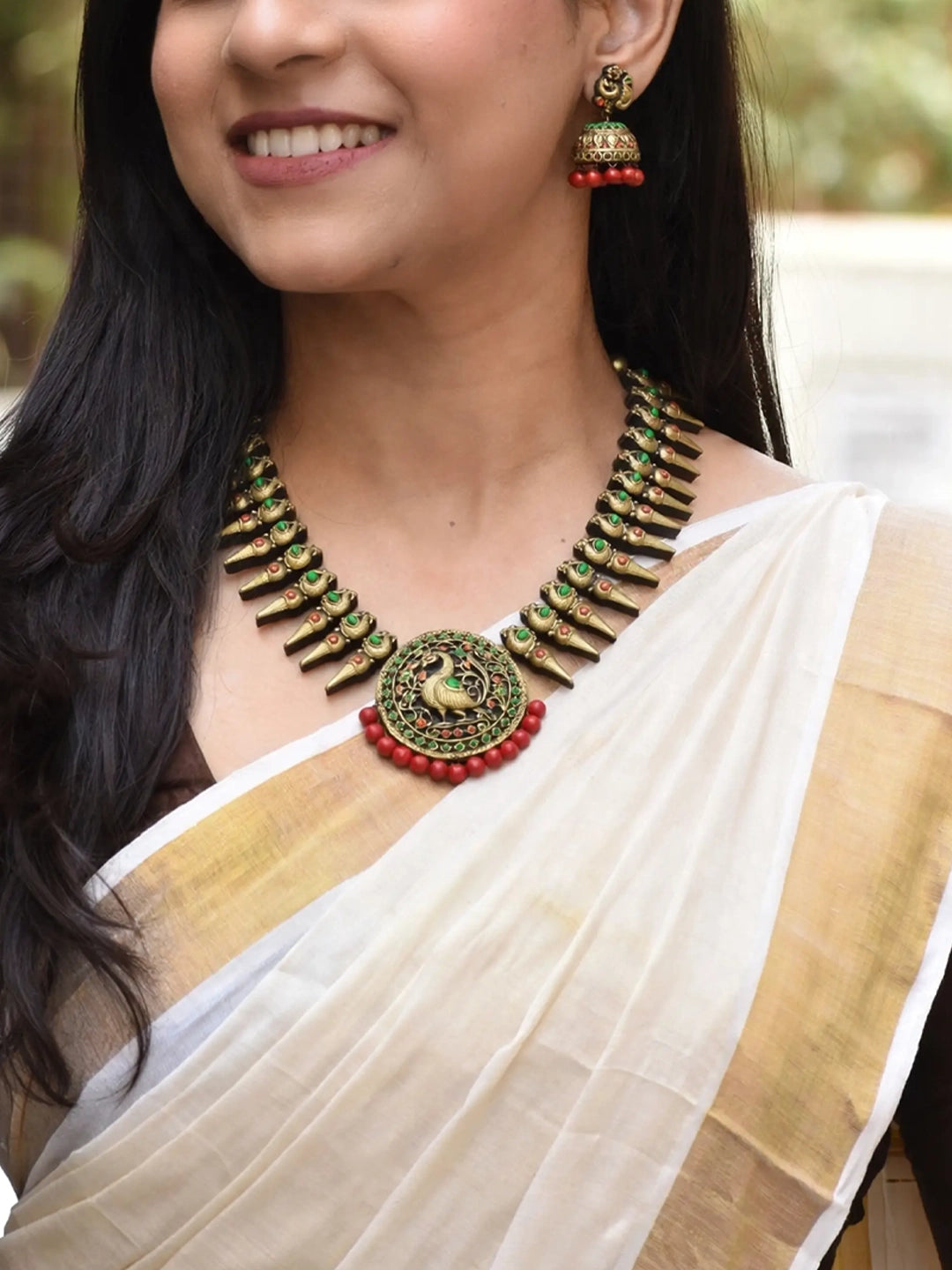 Peacock Design Hand Painted Terracotta Jewellery Set