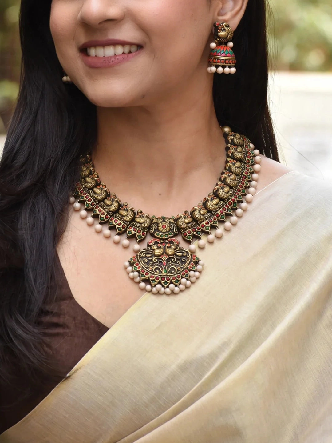 Peacock Design Hand Painted Terracotta Jewellery Set