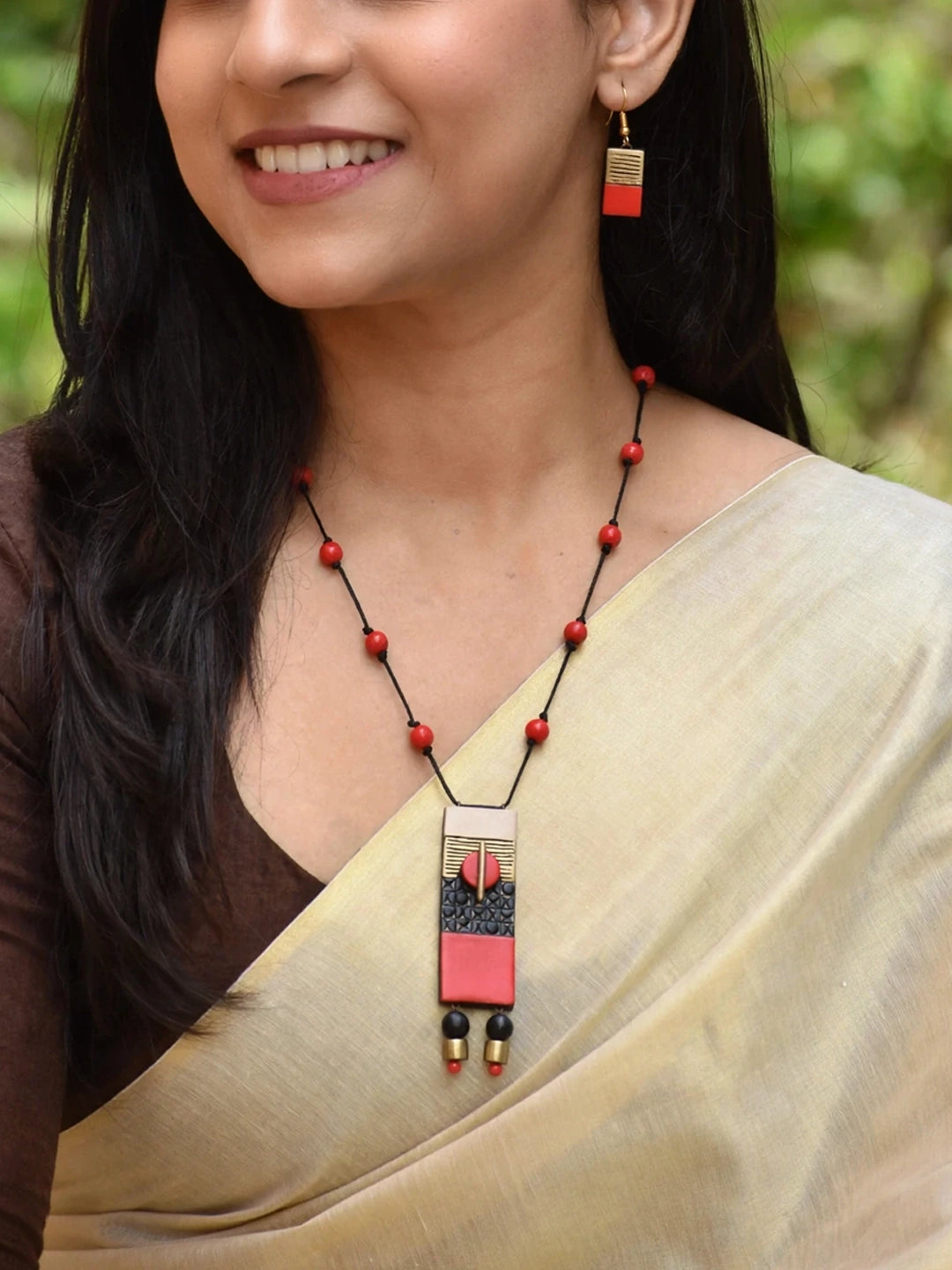 Rectangular Design Hand Painted Terracotta Jewellery Set