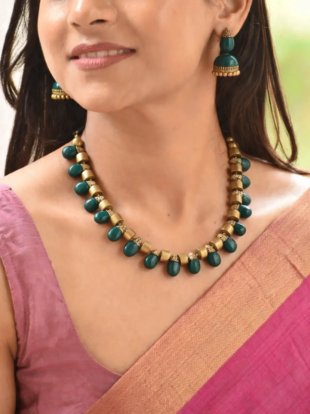 Tear Drop Design Hand Painted Green Color Terracotta Jewellery Set
