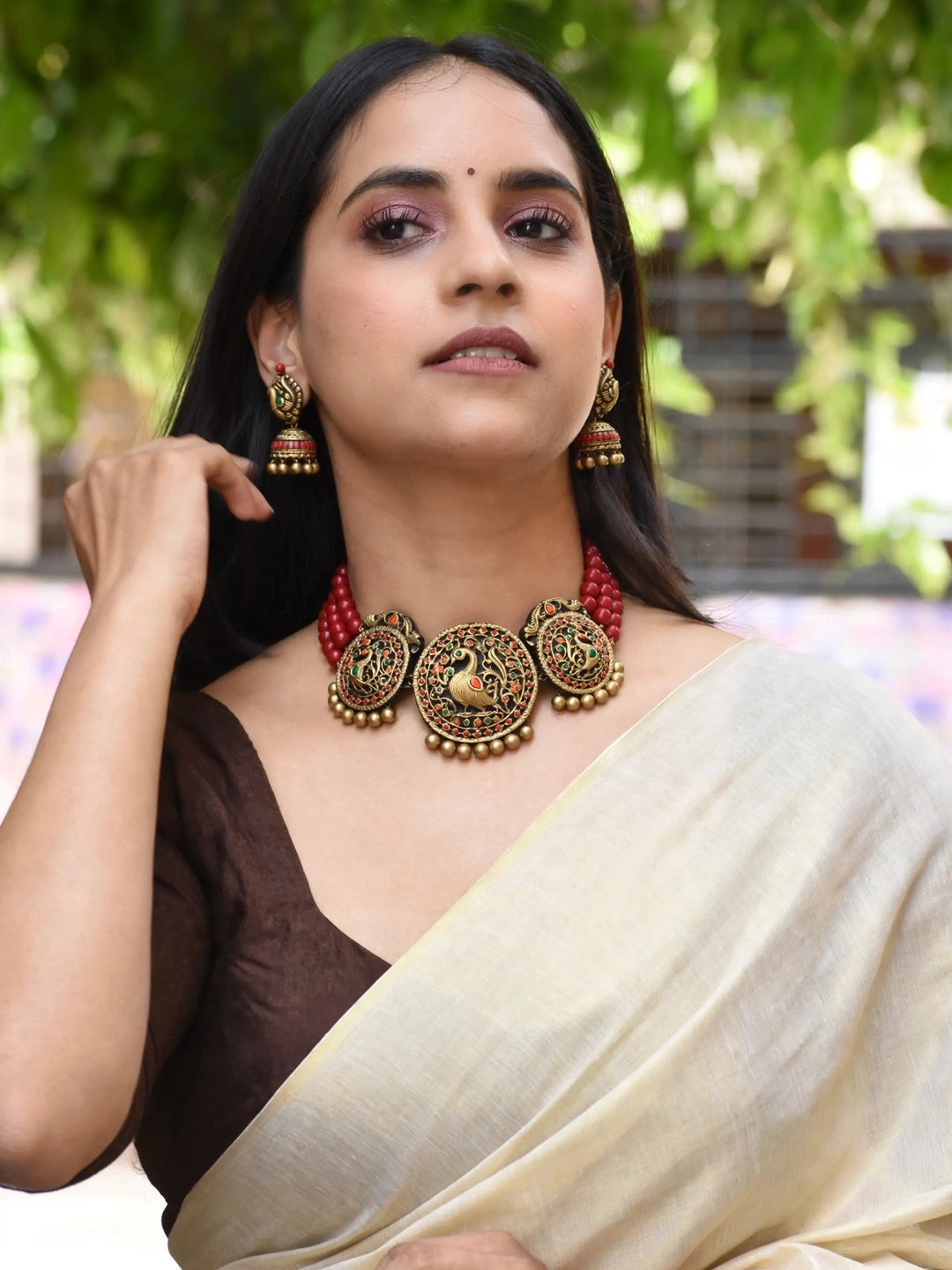 Kanakaprabha — Peacock Design Hand Painted Finish Terracotta Jewellery Set
