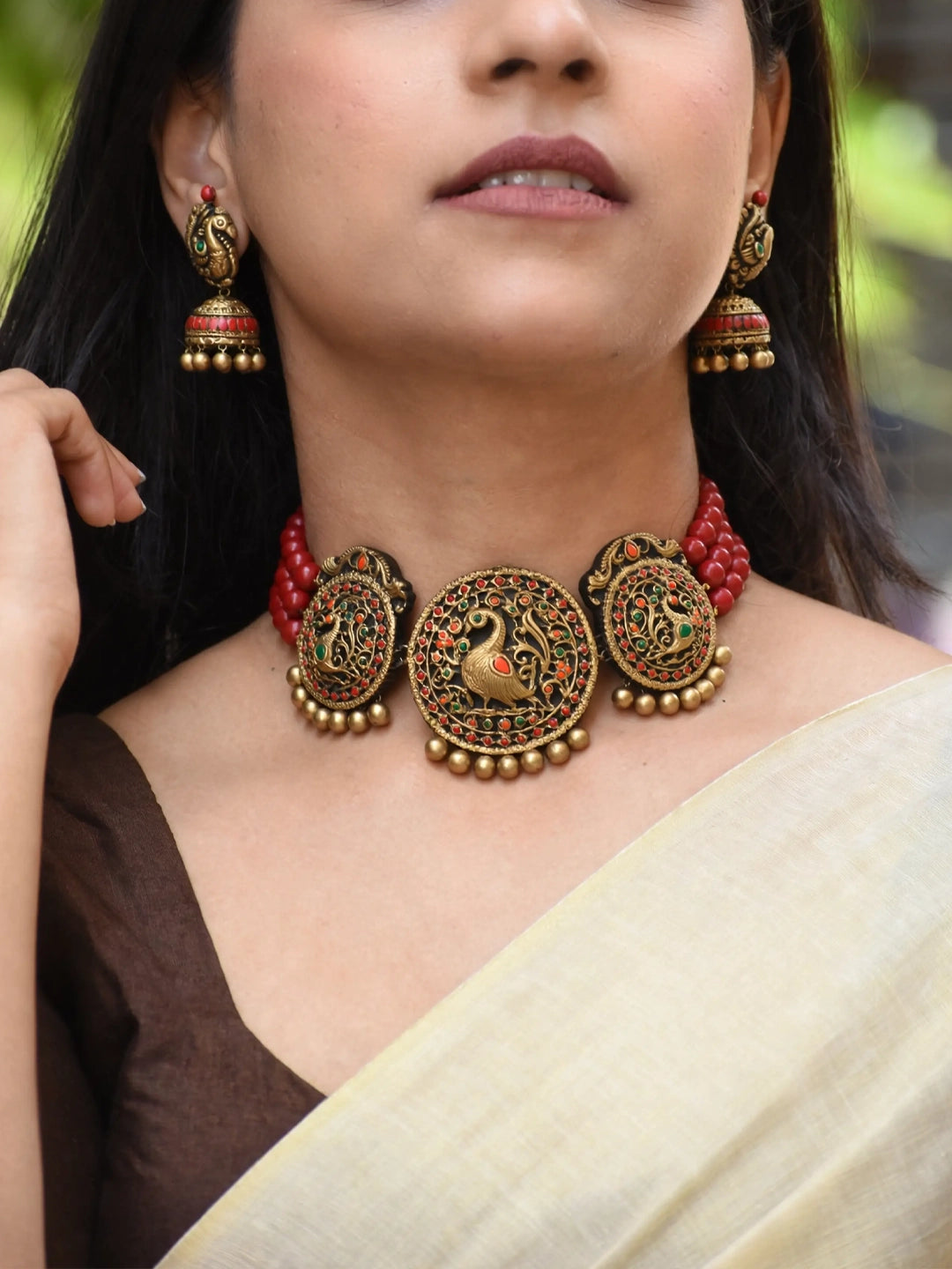 Kanakaprabha — Peacock Design Hand Painted Finish Terracotta Jewellery Set