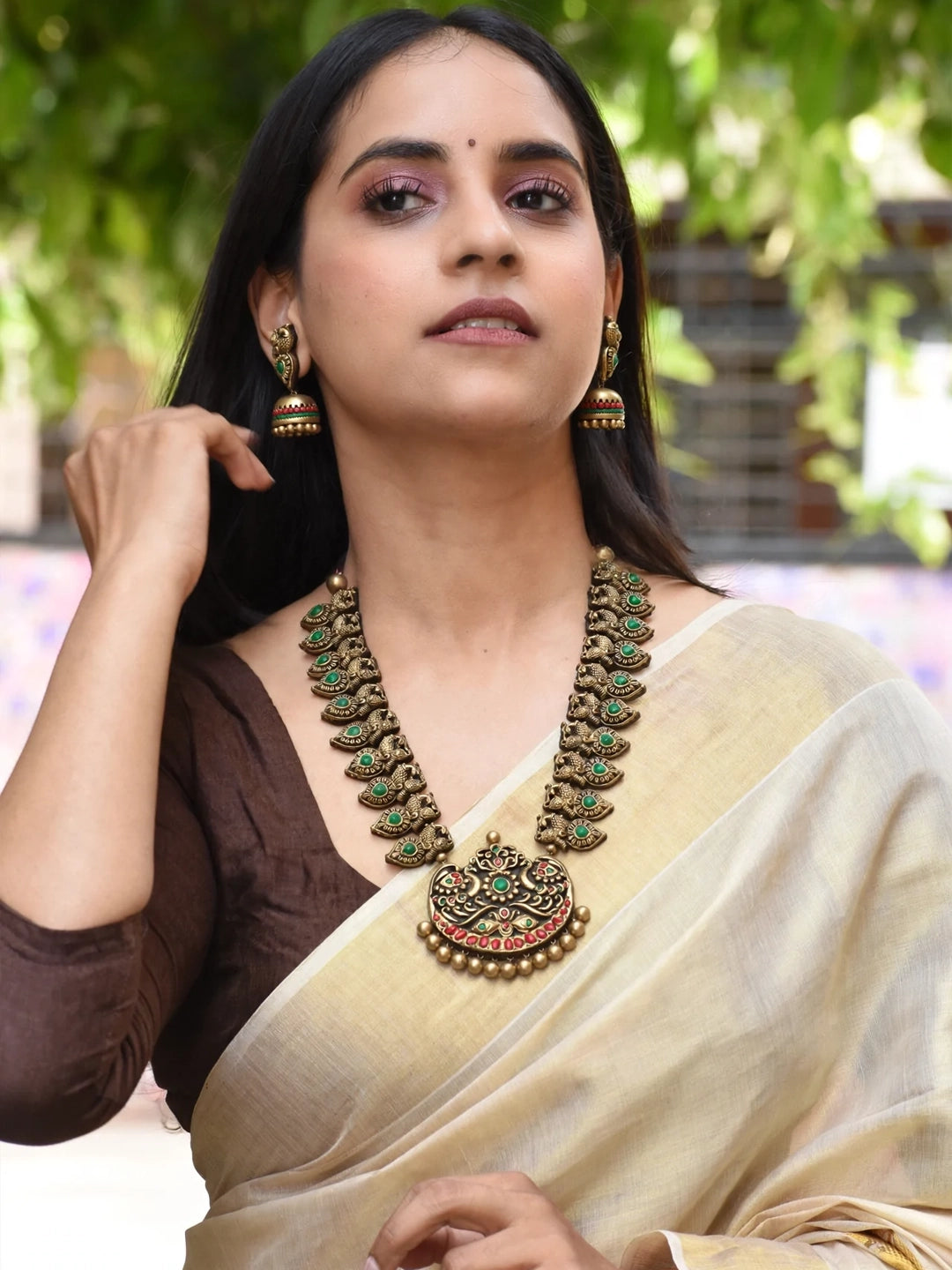 Peacock Design Hand Painted Finish Terracotta Jewellery Set in Antique Gold Green and Red