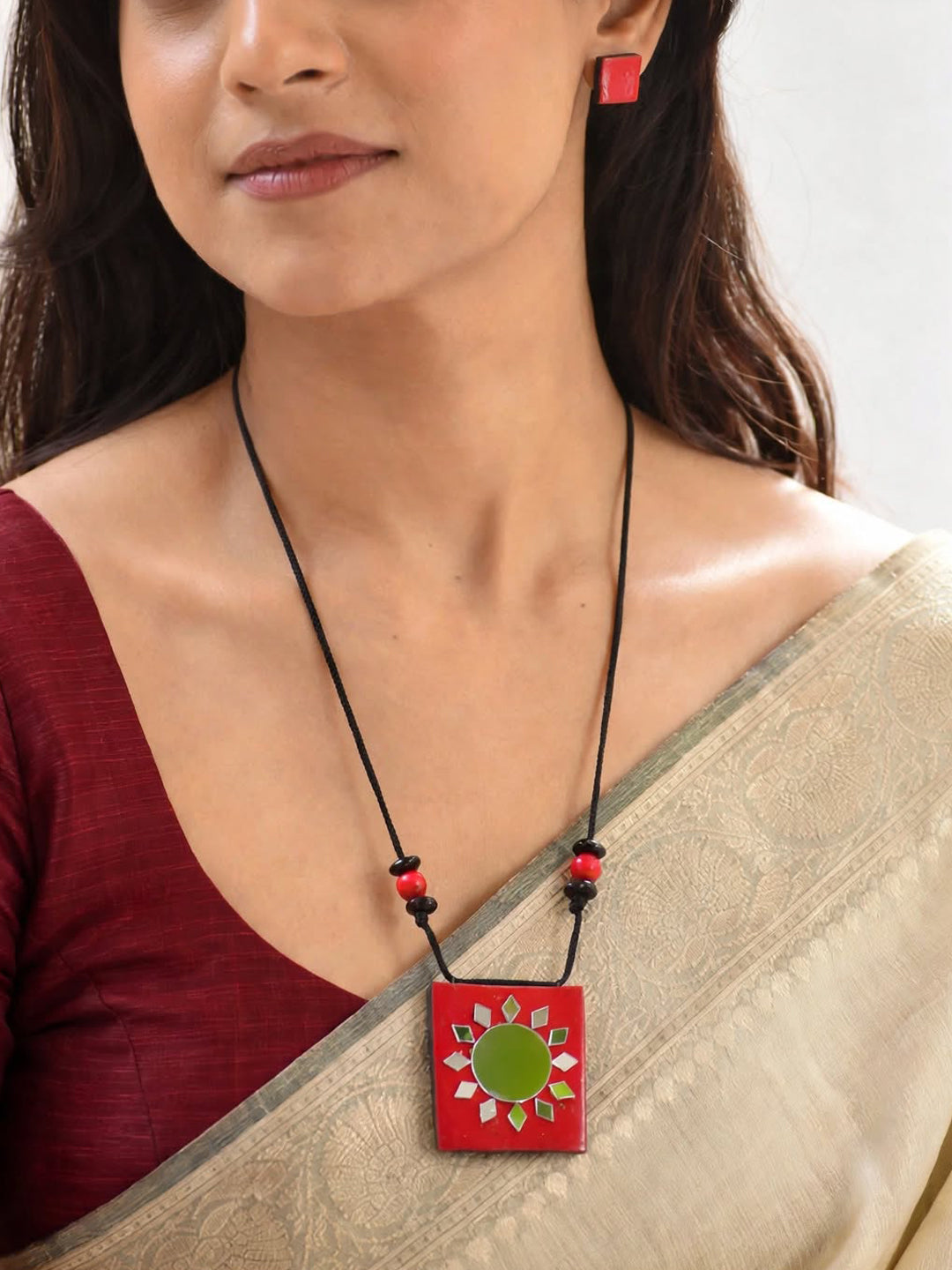 Red Geometric Square Shape Circular Pattern Mirror Work Minimalistic Handmade Terracotta Necklace Set
