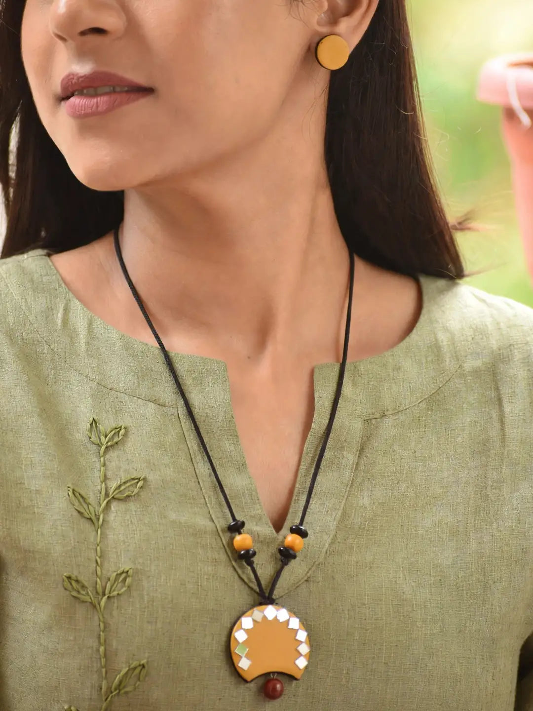 Yellow Crescent Moon Shape Mirror Design Work Minimalistic Handmade Terracotta Necklace Set