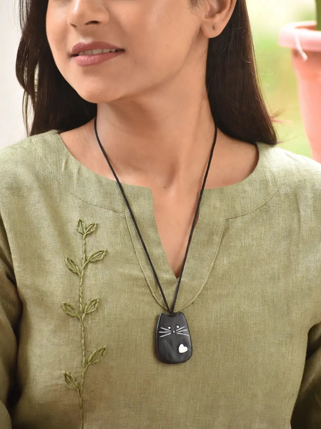 Cat Design Black Funky Kids Handmade Terracotta Necklace