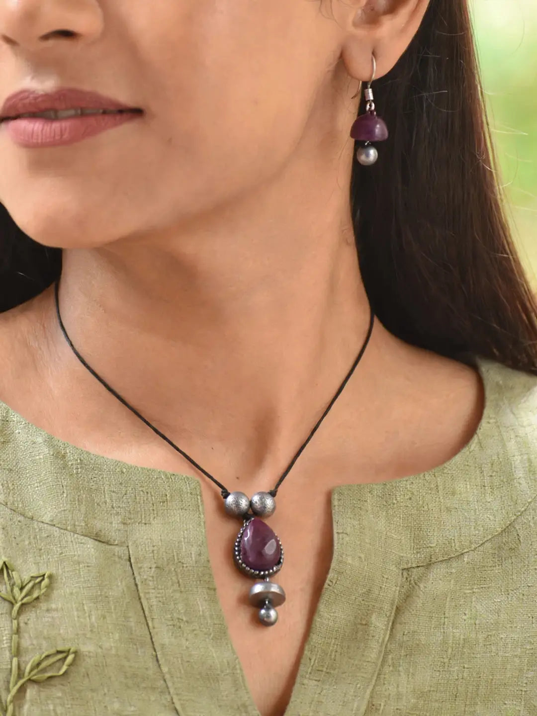 Wine Pear Style Jhumka Design Handmade Terracotta Necklace Set