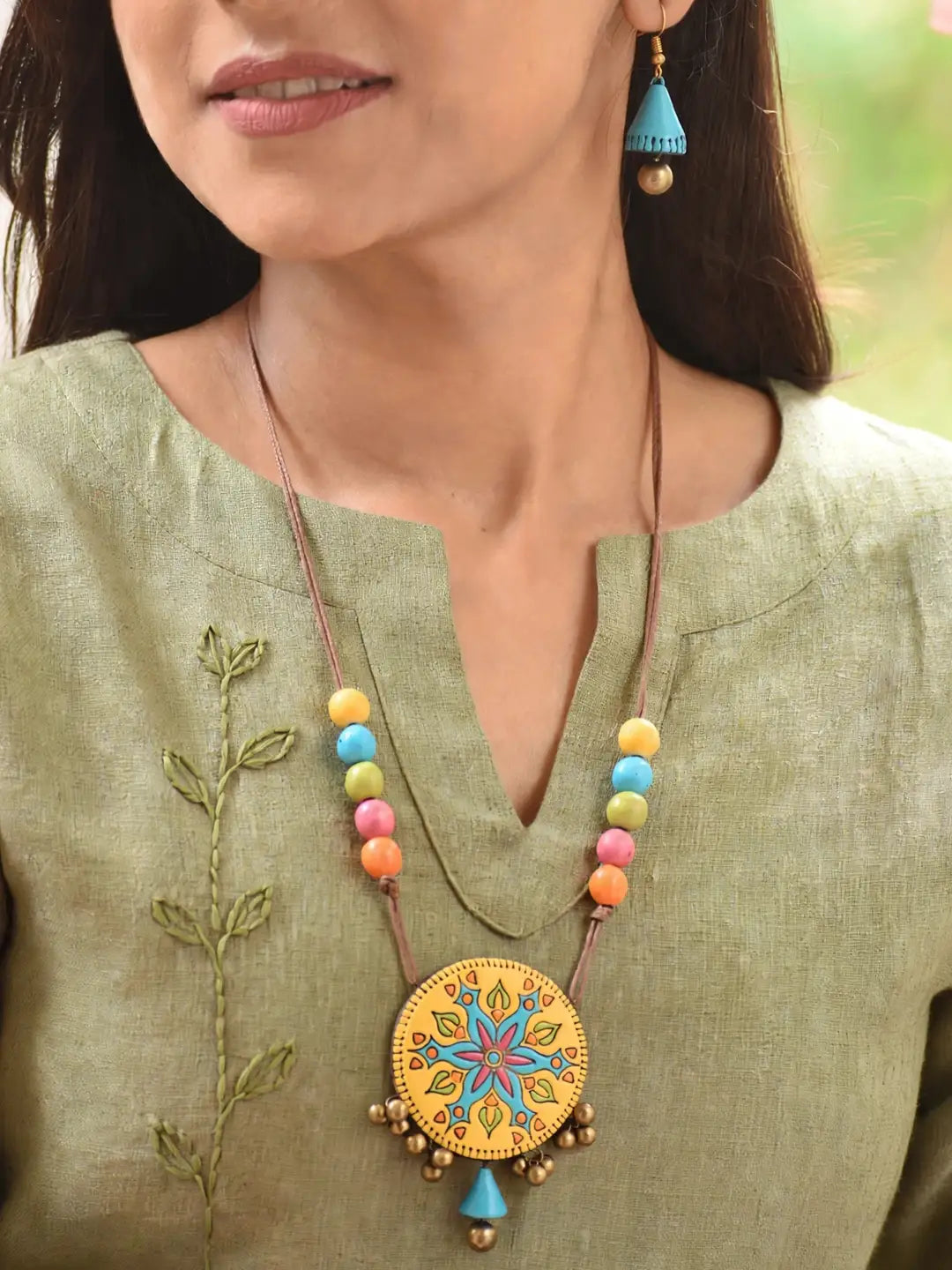 Circular Design Yellow Blue Orange Pink Pastel Shades Mandala Art Design Boho Handmade Terracotta Necklace Set