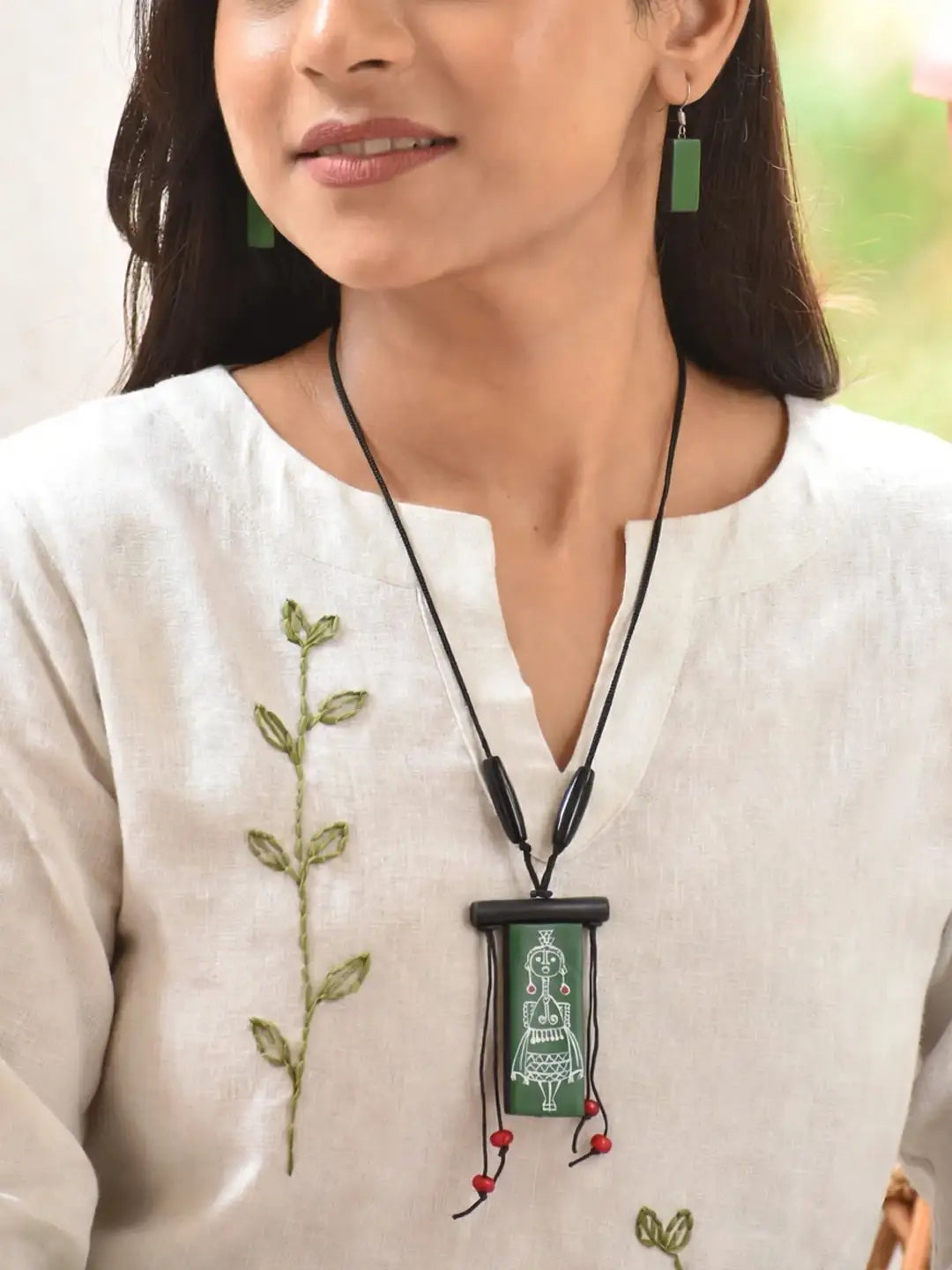 Green White Rectangular Shape Folk Art Warli Art Painting Handmade Terracotta Necklace Set