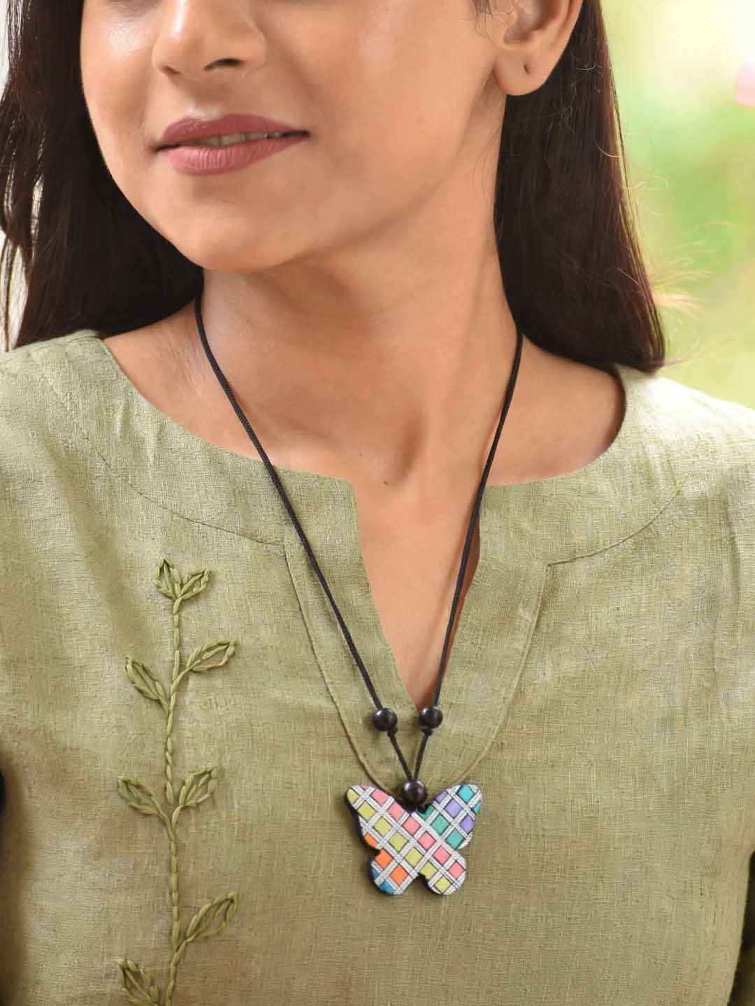 Dancing Butterfly in Pastel Shade Green Pink Yellow Orange Colors Handmade Terracotta Necklace