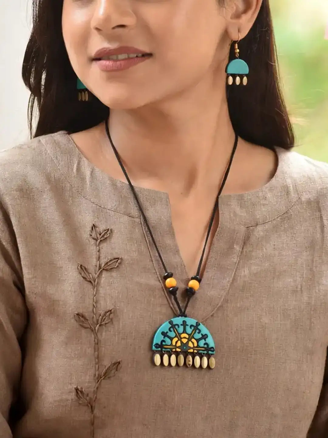 Antique gold yellow and turquise blue half circle mandala art design handmade terracotta necklace set