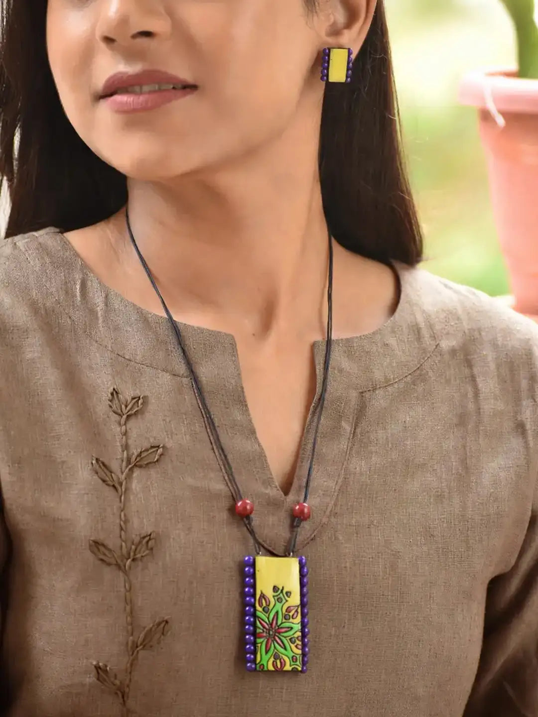 Yellow Green purple maroon rectanglular design floral art work terracotta necklace set