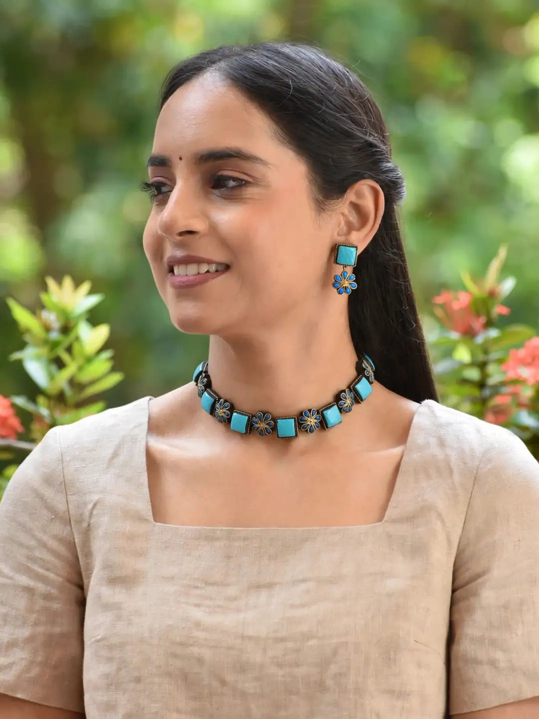 Antique Silver Blue Flower and Square Design Handmade Terracotta Necklace Set