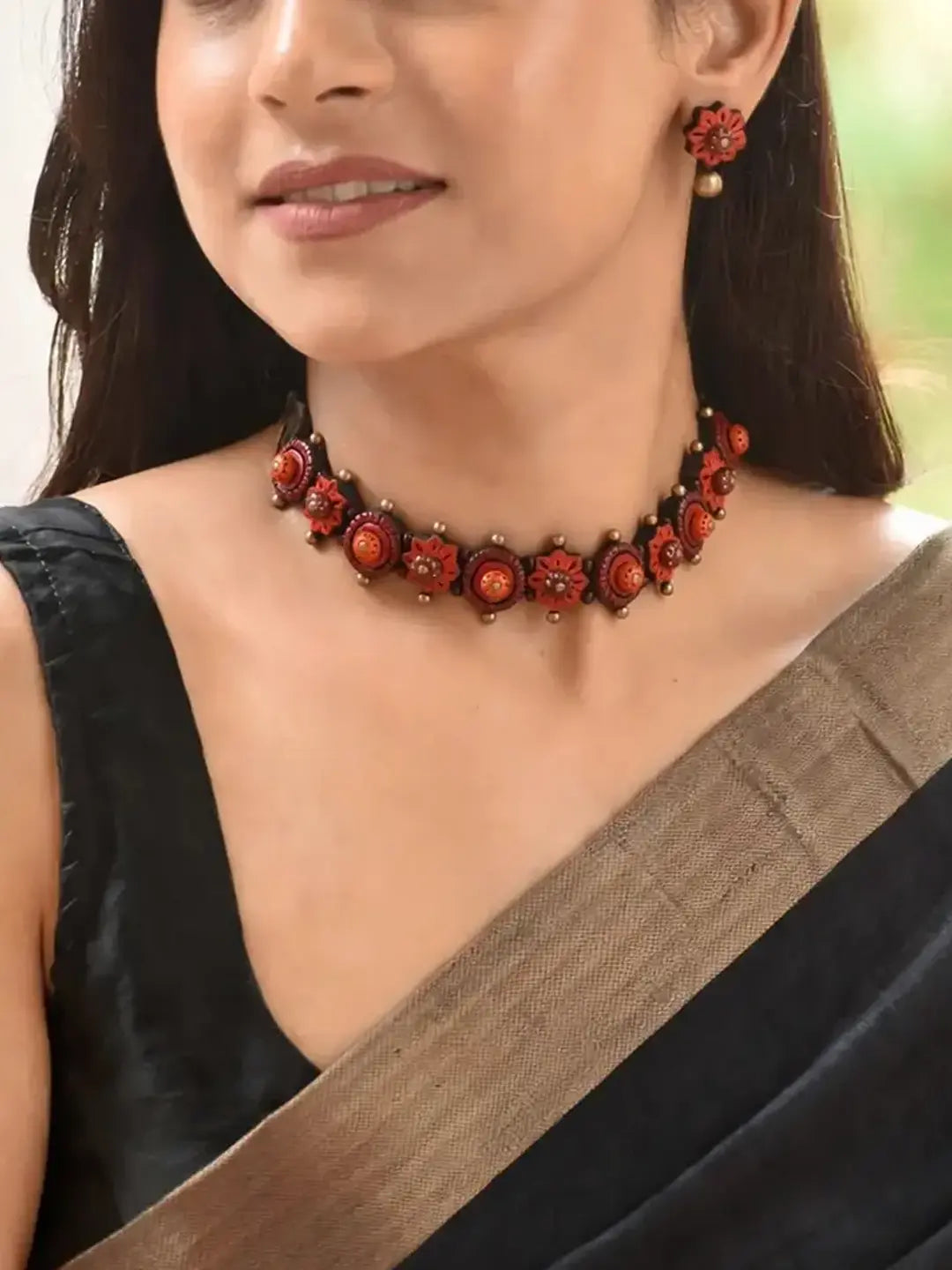 Floral Design Red Maroon Antique Gold Handmade Terracotta Minimalistic Necklace Set
