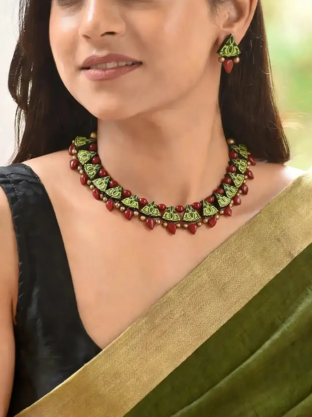 Triangular Design Antique Gold Light Green and Sap Green Handmade Terracotta Necklace Set