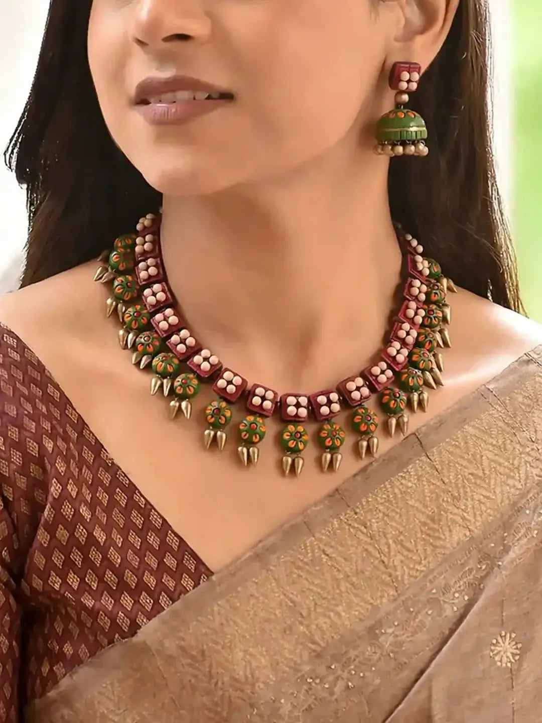 Square Design with Floral Hangings Antique Gold Red Green Mauve Orange and Pearl White Handmade Terracotta Necklace Set