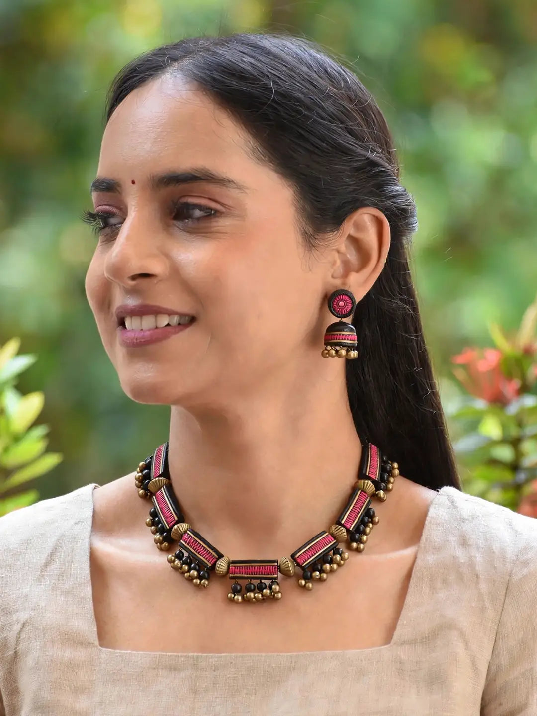 Rectangular Design Antique Gold Black and Pink Handmade Terracotta Necklace Set