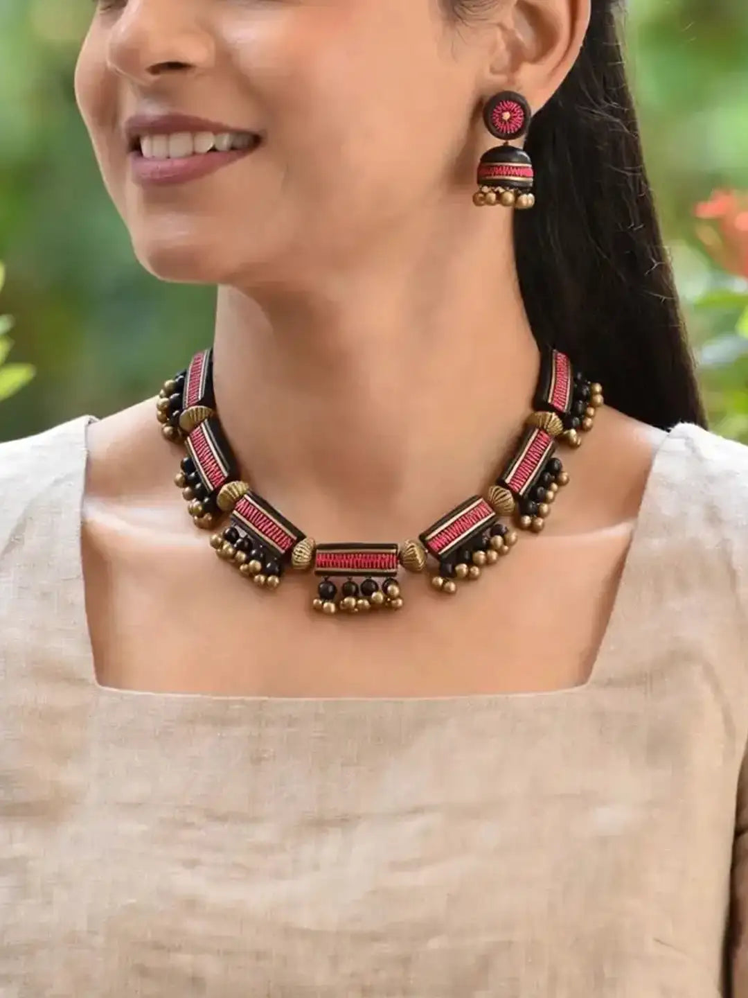 Rectangular Design Antique Gold Black and Pink Handmade Terracotta Necklace Set