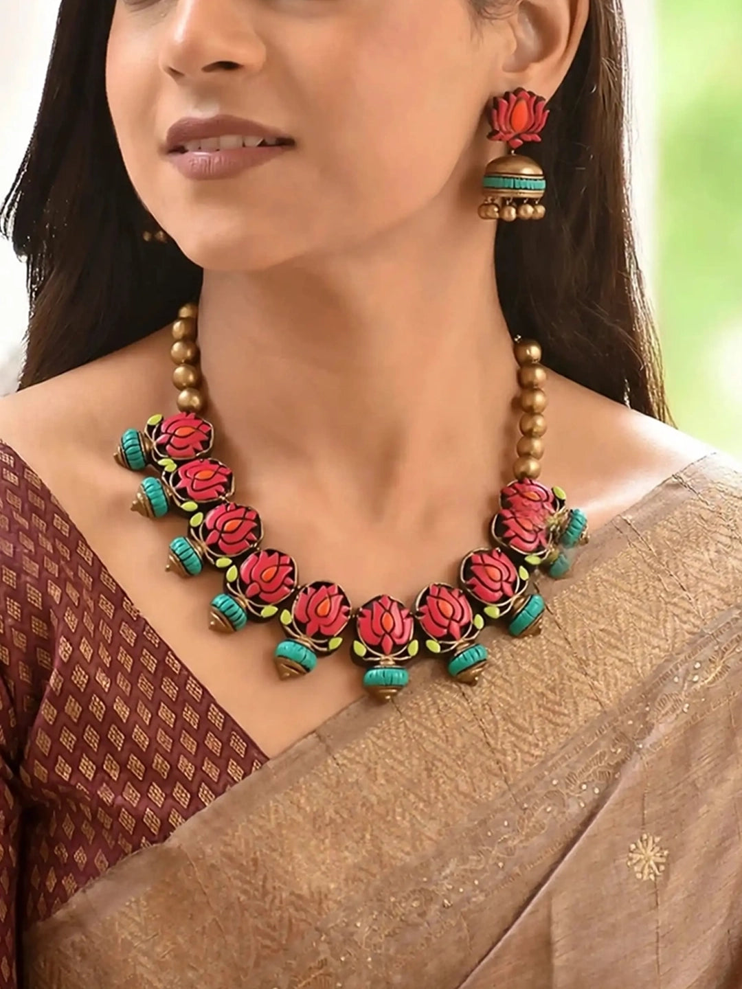 Pastel Colors Pink Green Antique Gold Orange Lotus Design Handmade Terracotta Necklace Set