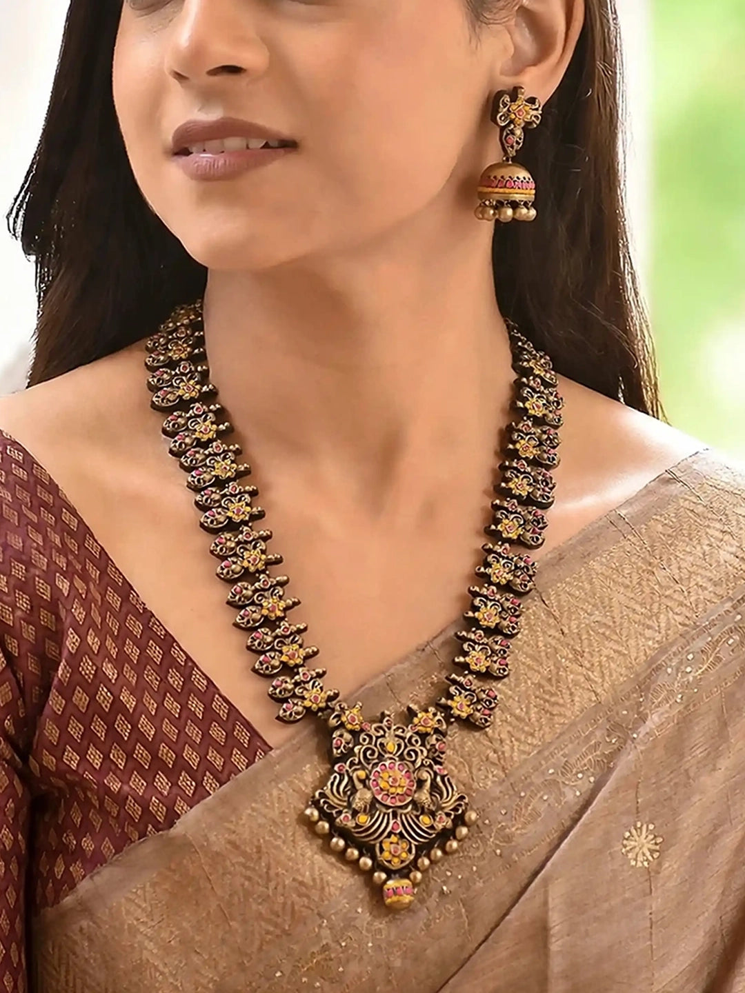 Antique Peacock and Floral Design Bridal Traditional Handmade Terracotta Necklace Set in Antique Gold Pink Yellow