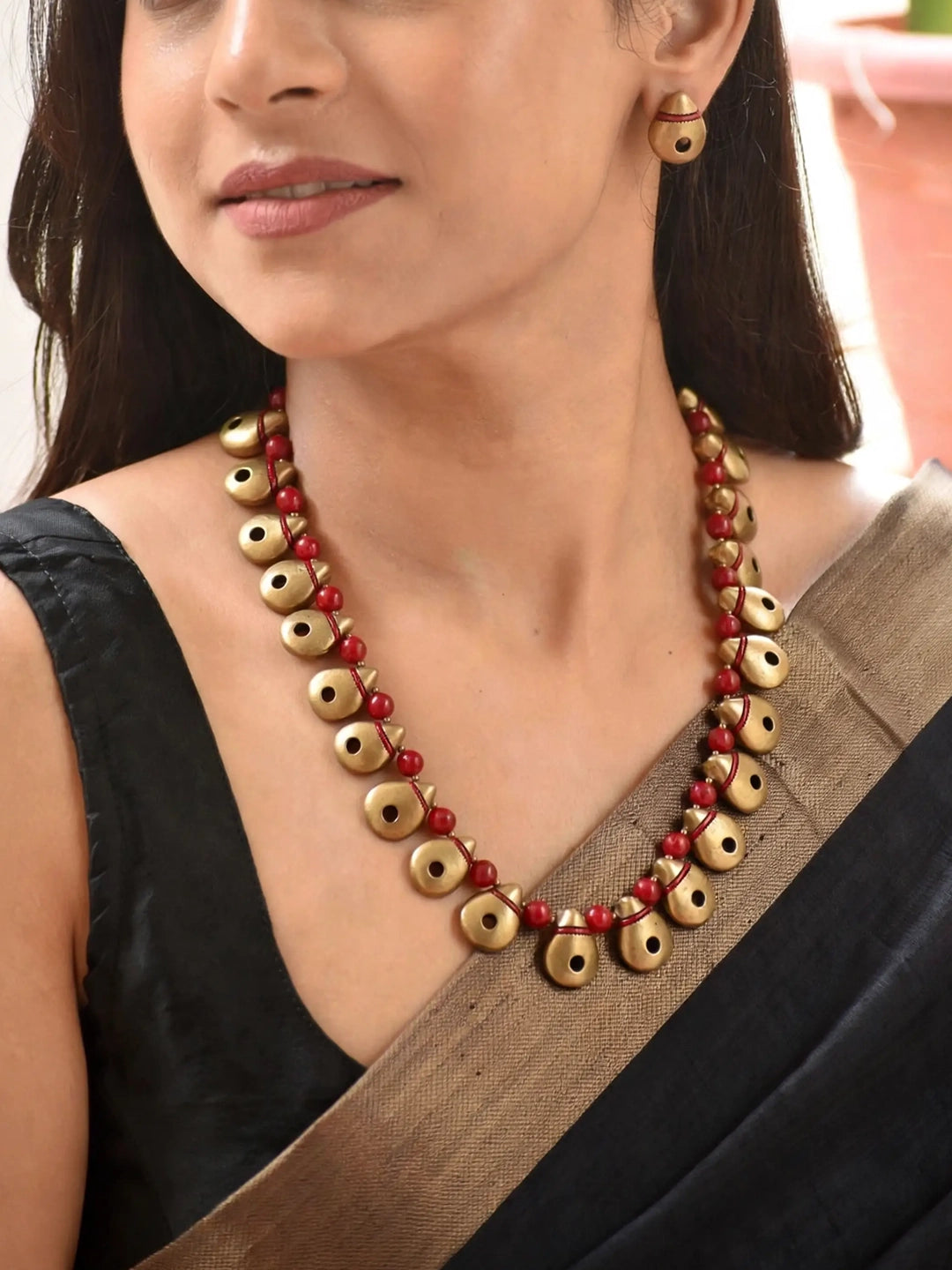 Antique Gold Red Pear Shape Minimalistic Handmade Terracotta Necklace Set