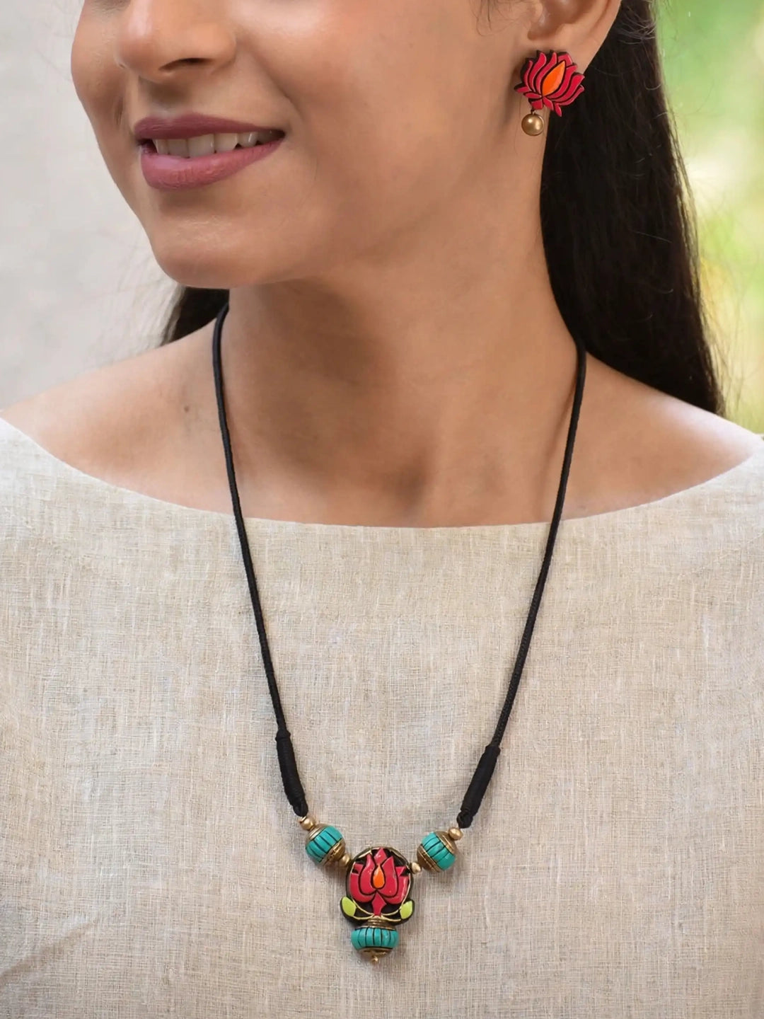 Pink Antique Gold Green Orange Lotus Design Minimalistic Handmade Terracotta Necklace Set